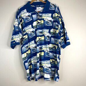 Guy Harvey Marlin Hawaiian Polo Shirt Mens Large Bluewater Swordfish AOP Travel